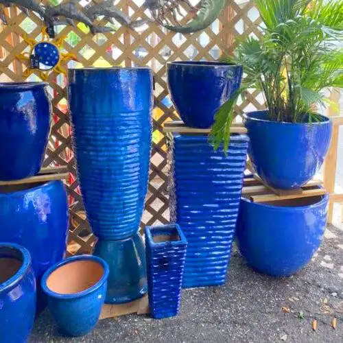 Ethans Courtyard and Patio | Blue Glazed Outdoor Pots