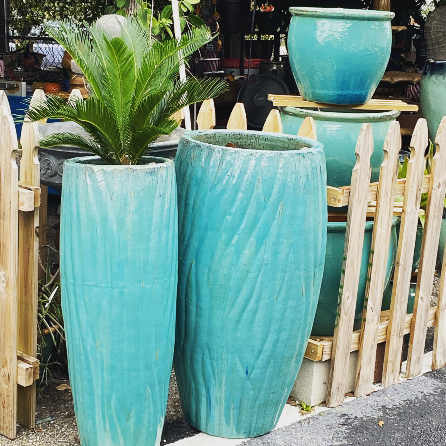 Large Blue Glazed Ceramic Planters | Ethans Courtyard and Patio