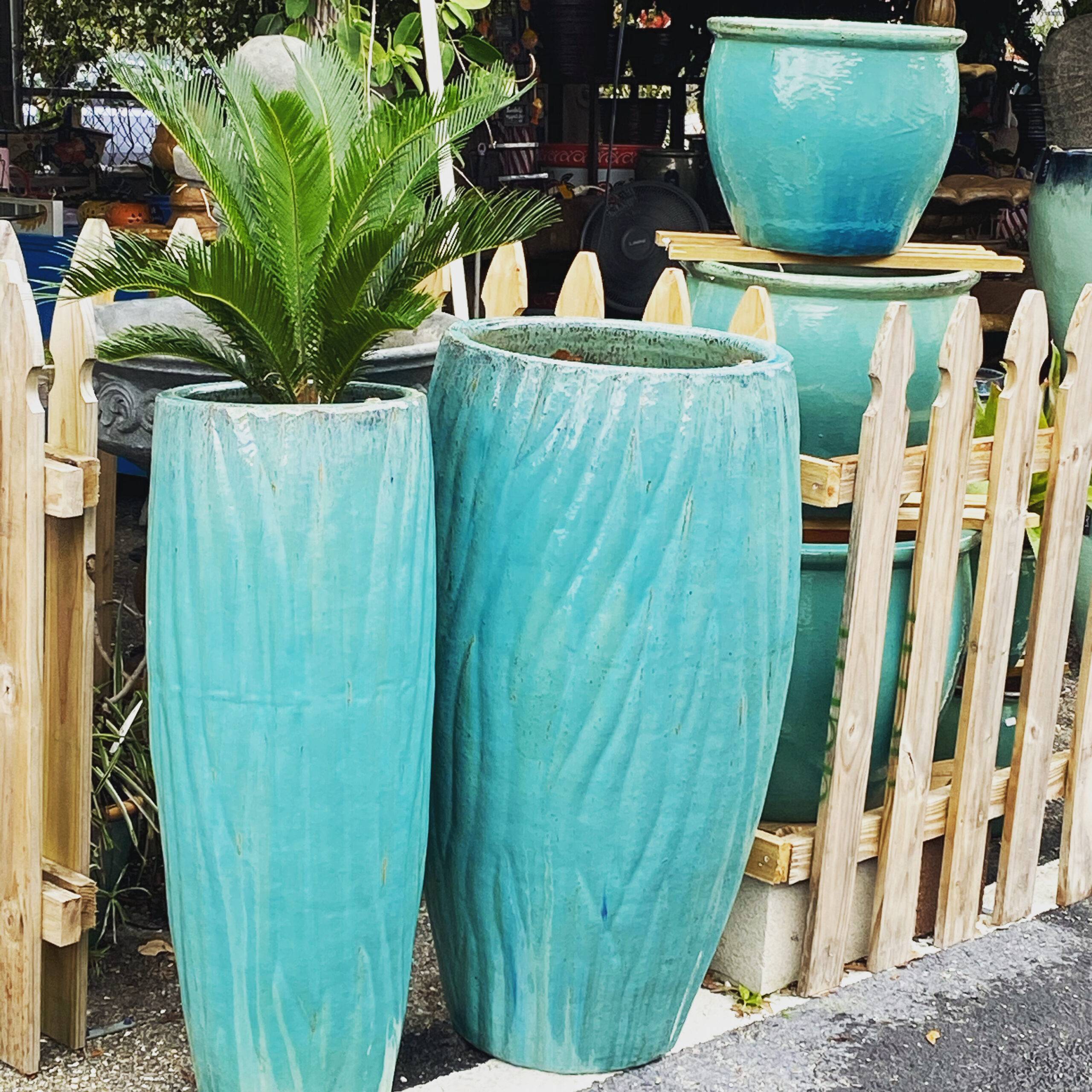 Ethans Courtyard and Patio Bonita Springs | Large Teal Glazed Ceramic Planters | Bonita Springs | Water Fountains, Wall Fountains, Mailboxes, and more | Pottery Store